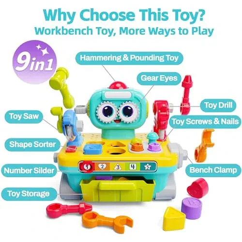 iPlay, iLearn Toddler Musical Workbench Toys for One Year Old Boys, Baby Pretend Play Tool Set, Infant Shape Sorter Activities, Kids Pounding Game, 1st Birthday Gift for 12 18 24 Month Girls Age 1 2 3 - iPlay, (1)