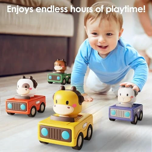 iPlay, iLearn Press and Go Car Toys for Toddlers 1-3, Baby Animal Racing Cars, Infant Play Vehicle Set, Baby Push Go Friction Car Toys for 6-9-12-18 Months, 1st Birthday Gifts for 1-2 Years Old Boys - 6