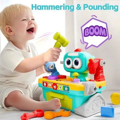 iPlay, iLearn Toddler Musical Workbench Toys for One Year Old Boys, Baby Pretend Play Tool Set, Infant Shape Sorter Activities, Kids Pounding Game, 1st Birthday Gift for 12 18 24 Month Girls Age 1 2 3 - 3