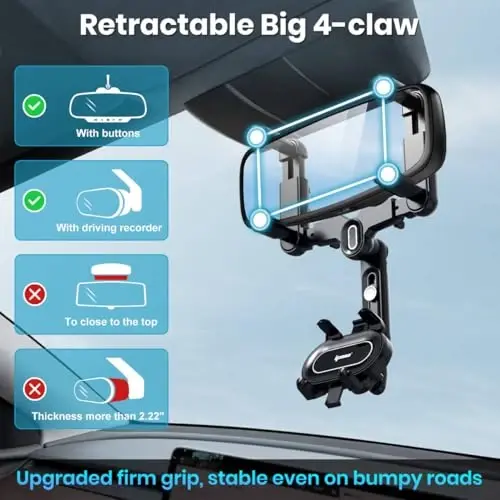 IPOW Large Rearview Mirror Phone Holder, Rotatable and Retractable, Anti-Shake Phone Mount for Car Compatible with iPhone 17/16/15/14/13/12/11 Pro Max, Samsung All 4-7 Inch Phones - 3