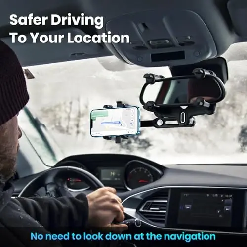 IPOW Large Rearview Mirror Phone Holder, Rotatable and Retractable, Anti-Shake Phone Mount for Car Compatible with iPhone 17/16/15/14/13/12/11 Pro Max, Samsung All 4-7 Inch Phones - 6