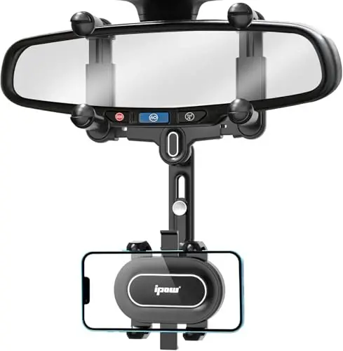 IPOW Large Rearview Mirror Phone Holder, Rotatable and Retractable, Anti-Shake Phone Mount for Car Compatible with iPhone 17/16/15/14/13/12/11 Pro Max, Samsung All 4-7 Inch Phones - IPOW