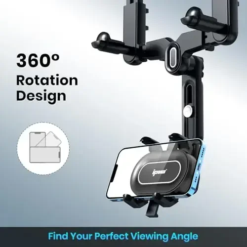 IPOW Large Rearview Mirror Phone Holder, Rotatable and Retractable, Anti-Shake Phone Mount for Car Compatible with iPhone 17/16/15/14/13/12/11 Pro Max, Samsung All 4-7 Inch Phones - 5