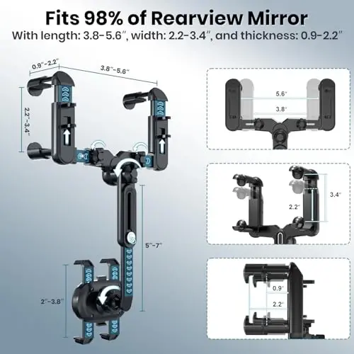 IPOW Large Rearview Mirror Phone Holder, Rotatable and Retractable, Anti-Shake Phone Mount for Car Compatible with iPhone 17/16/15/14/13/12/11 Pro Max, Samsung All 4-7 Inch Phones - 2