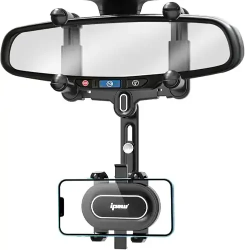 IPOW Large Rearview Mirror Phone Holder for Car 360°Rotatable and Retractable, 2023 Upgraded Four Corners Fixed Anti-Shake Multifunctional Design for All Phones and All Car Rearview Mirror with Button - 1