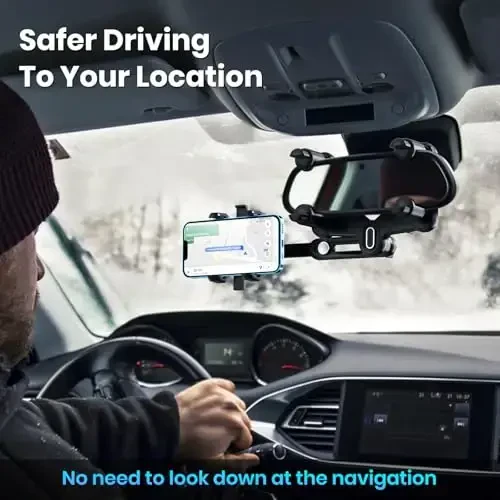 IPOW Large Rearview Mirror Phone Holder for Car 360°Rotatable and Retractable, 2023 Upgraded Four Corners Fixed Anti-Shake Multifunctional Design for All Phones and All Car Rearview Mirror with Button - 6