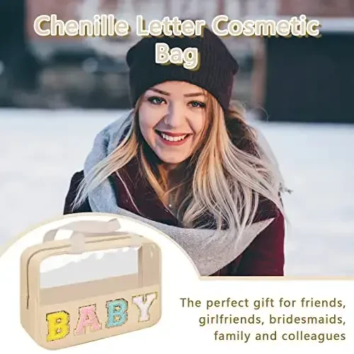 Iqimott Chenille Letter Patch Baby Bag, Preppy Clear Makeup Cosmetic Bag Large Toiletry Storage Tote Bag with Handle, Transparent Nylon Waterproof Organizer Zipper Pouch for Travel Women Girls (Beige) - 5