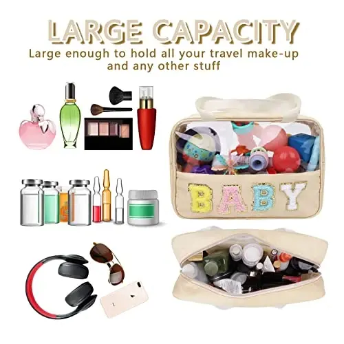 Iqimott Chenille Letter Patch Baby Bag, Preppy Clear Makeup Cosmetic Bag Large Toiletry Storage Tote Bag with Handle, Transparent Nylon Waterproof Organizer Zipper Pouch for Travel Women Girls (Beige) - 4