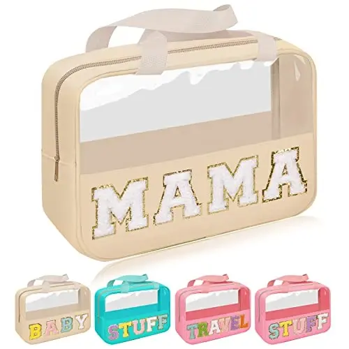 Iqimott Chenille Letter Patch Mama Bag, Preppy Clear Makeup Cosmetic Bag Large Toiletry Storage Tote Bag with Handle, Transparent Nylon Waterproof Organizer Zipper Pouch for Travel Women Girls(Beige) - 1