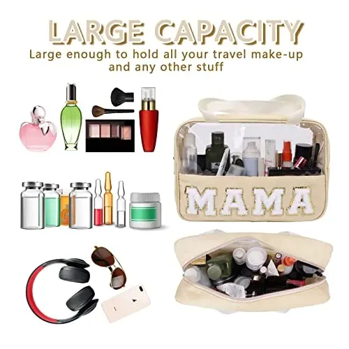 Iqimott Chenille Letter Patch Mama Bag, Preppy Clear Makeup Cosmetic Bag Large Toiletry Storage Tote Bag with Handle, Transparent Nylon Waterproof Organizer Zipper Pouch for Travel Women Girls(Beige) - 4