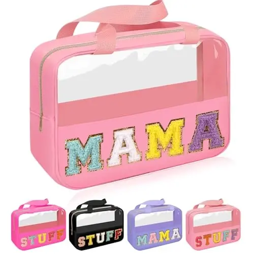 Iqimott Chenille Letter Patch Mama Bag, Preppy Clear Makeup Cosmetic Bag Large Toiletry Storage Tote Bag with Handle, Transparent Nylon Waterproof Organizer Zipper Pouch for Travel Women Girls(Pink) 