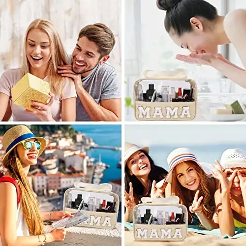 Iqimott Chenille Letter Patch Mama Bag, Preppy Clear Makeup Kosmetik Sumkasi Katta Tualet Saqlash Sumkasi Tutqichli, Shaffof Neylon Suv o'tkazmaydigan Organizator Fermuarli Xaltasi Sayohat Ayollar Qizlar uchun (Bej) - 6