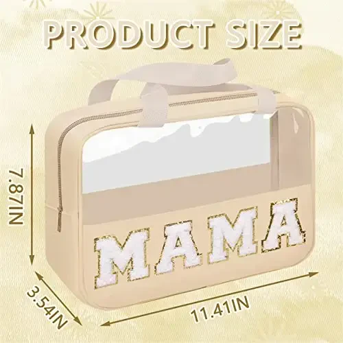 Iqimott Chenille Letter Patch Mama Bag, Preppy Clear Makeup Kosmetik Sumkasi Katta Tualet Saqlash Sumkasi Tutqichli, Shaffof Neylon Suv o'tkazmaydigan Organizator Fermuarli Xaltasi Sayohat Ayollar Qizlar uchun (Bej) - 2