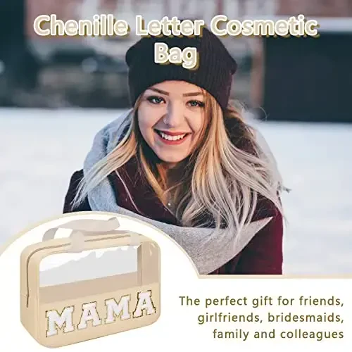 Iqimott Chenille Letter Patch Mama Bag, Preppy Clear Makeup Kosmetik Sumkasi Katta Tualet Saqlash Sumkasi Tutqichli, Shaffof Neylon Suv o'tkazmaydigan Organizator Fermuarli Xaltasi Sayohat Ayollar Qizlar uchun (Bej) - 5
