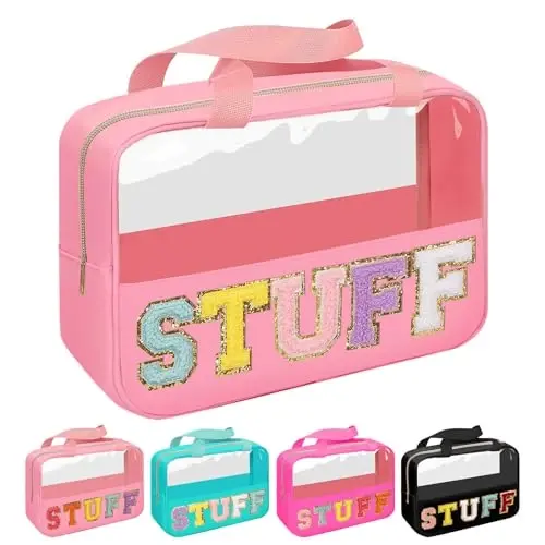 Iqimott Chenille Letter Patch Stuff Bag, Preppy Clear Makeup Cosmetic Bag Large Toiletry Storage Tote Bag with Handle, Transparent Nylon Waterproof Organizer Zipper Pouch for Travel Women Girls(Pink) 