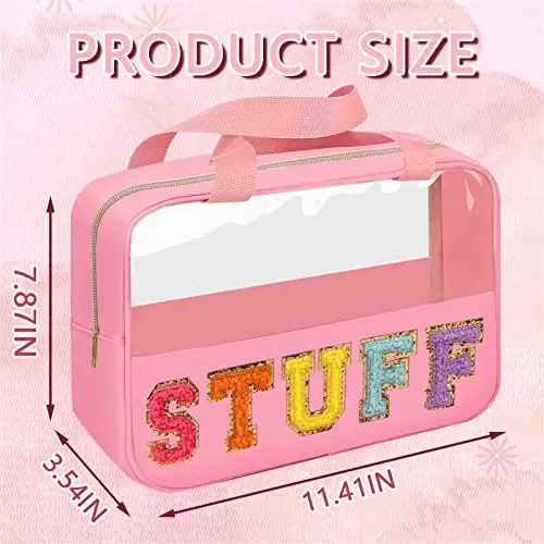 Iqimott Chenille Letter Patch Stuff Bag, Preppy Clear Makeup Cosmetic Bag Large Toiletry Storage Tote Bag with Handle, Transparent Nylon Waterproof Organizer Zipper Pouch for Travel Women Girls(Pink) - 2