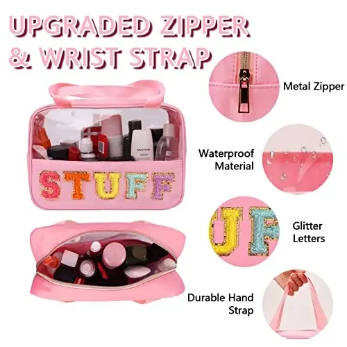 Iqimott Chenille Letter Patch Stuff Bag, Preppy Clear Makeup Cosmetic Bag Large Toiletry Storage Tote Bag with Handle, Transparent Nylon Waterproof Organizer Zipper Pouch for Travel Women Girls(Pink) - 3