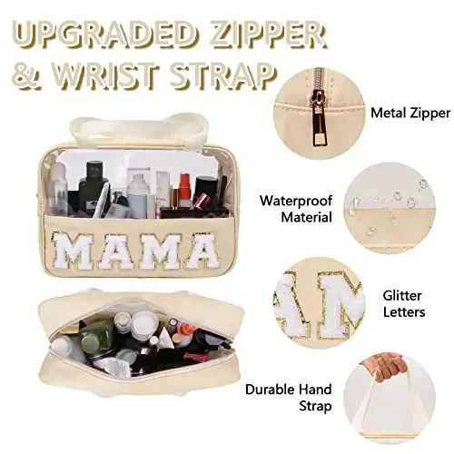 Iqimott Chenille Letter Patch Mama Bag, Preppy Clear Makeup Cosmetic Bag Large Toiletry Storage Tote Bag with Handle, Transparent Nylon Waterproof Organizer Zipper Pouch for Travel Women Girls(Beige) - 3