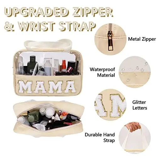 Iqimott Chenille Letter Patch Mama Bag, Preppy Clear Makeup Cosmetic Bag Large Toiletry Storage Tote Bag with Handle, Transparent Nylon Waterproof Organizer Zipper Pouch for Travel Women Girls(Beige) - 3