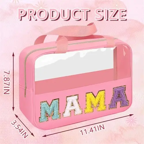 Iqimott Chenille Letter Patch Mama Bag, Preppy Clear Makeup Cosmetic Bag Large Toiletry Storage Tote Bag with Handle, Transparent Nylon Waterproof Organizer Zipper Pouch for Travel Women Girls(Pink) - 2