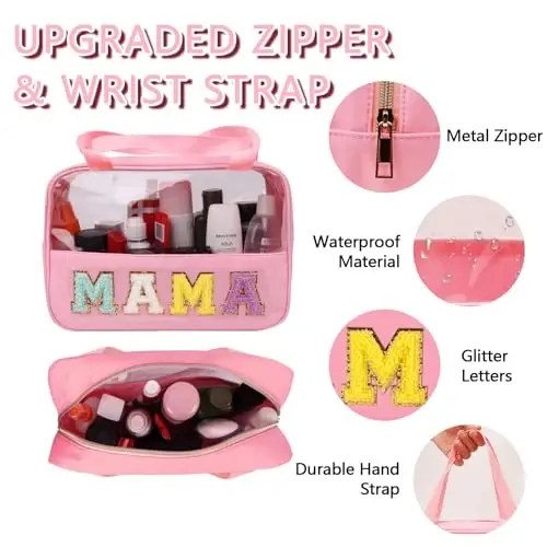 Iqimott Chenille Letter Patch Mama Bag, Preppy Clear Makeup Cosmetic Bag Large Toiletry Storage Tote Bag with Handle, Transparent Nylon Waterproof Organizer Zipper Pouch for Travel Women Girls(Pink) - 3