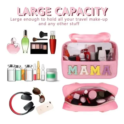 Iqimott Chenille Letter Patch Mama Bag, Preppy Clear Makeup Cosmetic Bag Large Toiletry Storage Tote Bag with Handle, Transparent Nylon Waterproof Organizer Zipper Pouch for Travel Women Girls(Pink) - 4
