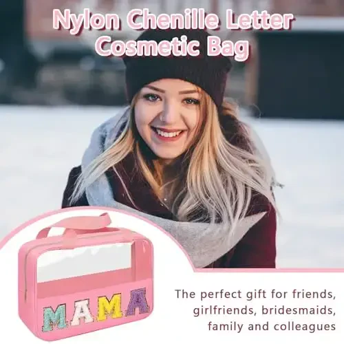 Iqimott Chenille Letter Patch Mama Bag, Preppy Clear Makeup Cosmetic Bag Large Toiletry Storage Tote Bag with Handle, Transparent Nylon Waterproof Organizer Zipper Pouch for Travel Women Girls(Pink) - 5