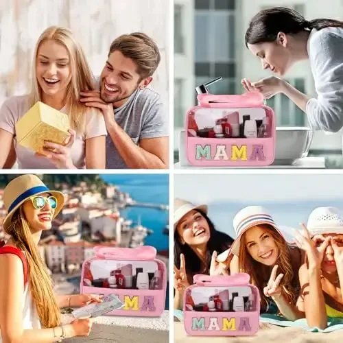 Iqimott Chenille Letter Patch Mama Bag, Preppy Clear Makeup Cosmetic Bag Large Toiletry Storage Tote Bag with Handle, Transparent Nylon Waterproof Organizer Zipper Pouch for Travel Women Girls(Pink) - 6