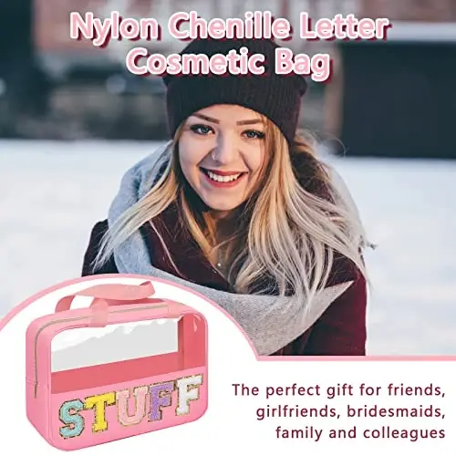 Iqimott Chenille Letter Patch Stuff Bag, Preppy Clear Makeup Cosmetic Bag Large Toiletry Storage Tote Bag with Handle, Transparent Nylon Waterproof Organizer Zipper Pouch for Travel Women Girls(Pink) - 5