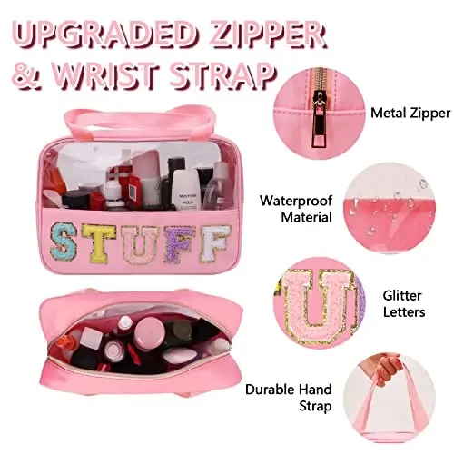 Iqimott Chenille Letter Patch Stuff Bag, Preppy Clear Makeup Cosmetic Bag Large Toiletry Storage Tote Bag with Handle, Transparent Nylon Waterproof Organizer Zipper Pouch for Travel Women Girls(Pink) - 3