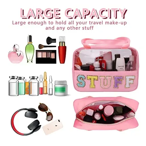 Iqimott Chenille Letter Patch Stuff Bag, Preppy Clear Makeup Cosmetic Bag Large Toiletry Storage Tote Bag with Handle, Transparent Nylon Waterproof Organizer Zipper Pouch for Travel Women Girls(Pink) - 4