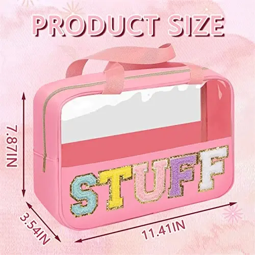 Iqimott Chenille Letter Patch Stuff Bag, Preppy Clear Makeup Cosmetic Bag Large Toiletry Storage Tote Bag with Handle, Transparent Nylon Waterproof Organizer Zipper Pouch for Travel Women Girls(Pink) - IQIMOTT (1)