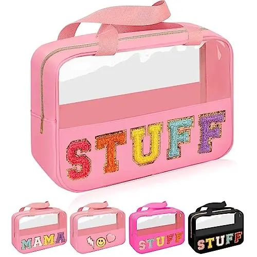 Iqimott Chenille Letter Patch Stuff Bag, Preppy Clear Makeup Cosmetic Bag Large Toiletry Storage Tote Bag with Handle, Transparent Nylon Waterproof Organizer Zipper Pouch for Travel Women Girls(Pink) 