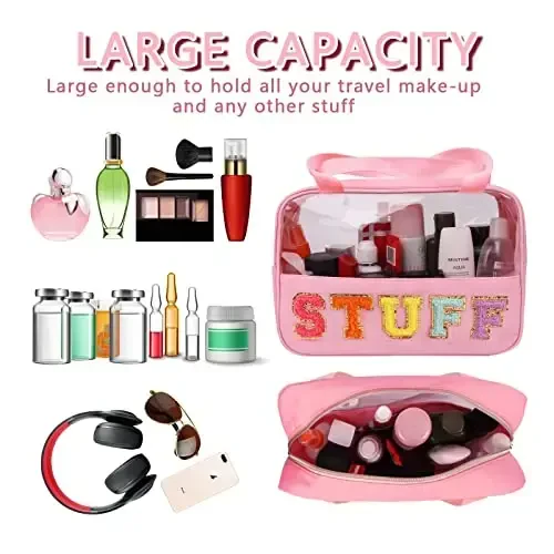 Iqimott Chenille Letter Patch Stuff Bag, Preppy Clear Makeup Cosmetic Bag Large Toiletry Storage Tote Bag with Handle, Transparent Nylon Waterproof Organizer Zipper Pouch for Travel Women Girls(Pink) - 4