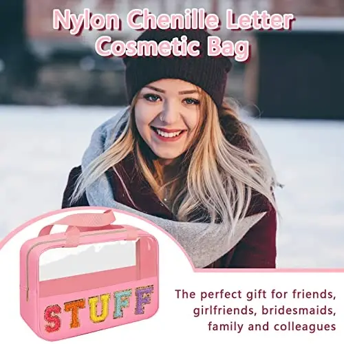 Iqimott Chenille Letter Patch Stuff Bag, Preppy Clear Makeup Cosmetic Bag Large Toiletry Storage Tote Bag with Handle, Transparent Nylon Waterproof Organizer Zipper Pouch for Travel Women Girls(Pink) - 5