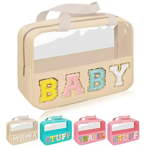 Iqimott Chenille Letter Patch Baby Bag, Preppy Clear Makeup Cosmetic Bag Large Toiletry Storage Tote Bag with Handle, Transparent Nylon Waterproof Organizer Zipper Pouch for Travel Women Girls(Beige) 