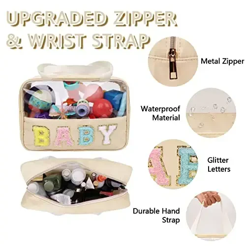 Iqimott Chenille Letter Patch Baby Bag, Preppy Clear Makeup Cosmetic Bag Large Toiletry Storage Tote Bag with Handle, Transparent Nylon Waterproof Organizer Zipper Pouch for Travel Women Girls(Beige) - 3