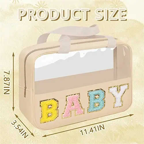 Iqimott Chenille Letter Patch Baby Bag, Preppy Clear Makeup Cosmetic Bag Large Toiletry Storage Tote Bag with Handle, Transparent Nylon Waterproof Organizer Zipper Pouch for Travel Women Girls(Beige) - IQIMOTT (1)