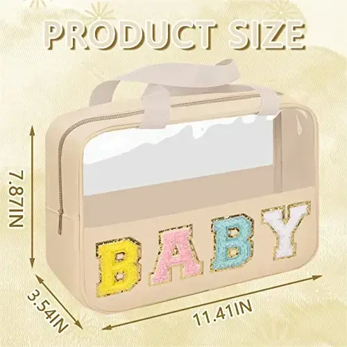 Iqimott Chenille Letter Patch Baby Bag, Preppy Clear Makeup Cosmetic Bag Large Toiletry Storage Tote Bag with Handle, Transparent Nylon Waterproof Organizer Zipper Pouch for Travel Women Girls(Beige) - 2