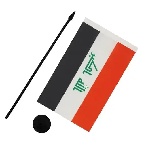 Iraq Table Flag 5'' x 8'' - Iraqi Desk Flag 21 x 14 cm. - Black plastic stick and base - AZ FLAG - 3