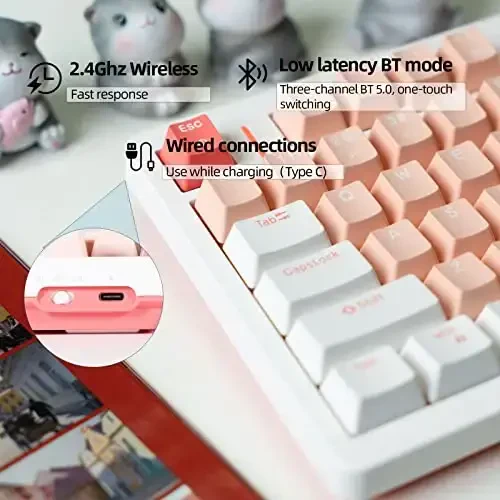 IROK FE75Pro simsiz RGB issiq almashtiriladigan mexanik klaviatura, uch qatlamli damping 81 tugmali oʻyin klaviaturasi, sozlanishi yoritgich, USB-C/2.4GHz/Bluetooth - Oq/Qizil - 4