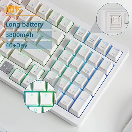 IROK FE98Pro Беспроводная RGB механическая клавиатура с горячей заменой, трехслойная демпфирующая клавиатура для игр с 98 клавишами, настраиваемая подсветка, USB-C/2.4GHz/Bluetooth - Белый/Красный - 4