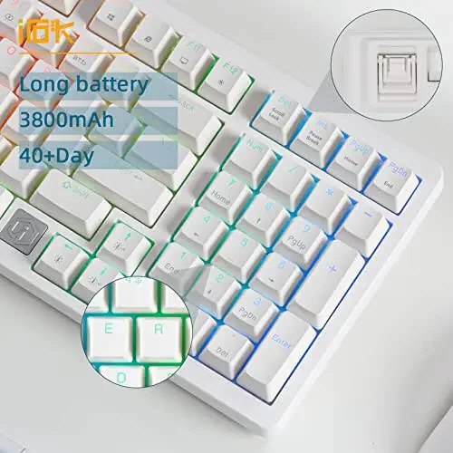 IROK FE98Pro Wireless RGB Hot Swappable Mechanical Keyboard, Three-Layer Dampening 98 Keys Gaming Keyboard, Customizable Backlit, USB-C/2.4GHz/Bluetooth- White/Red - 4