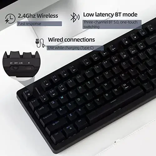 IROK FE98Pro simsiz RGB Hot Swappable mexanik klaviatura, uch qatli susaytiruvchi 98 tugmali o'yin klaviaturasi, sozlanishi yoritgich, USB-C/2.4GHz/Bluetooth- Qora - 2