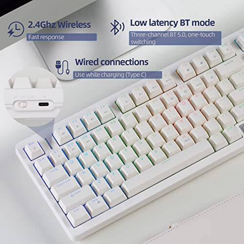 IROK FE98Pro Simsiz RGB Issiq almashtiriladigan Mexanik Klaviatura, Uch Qatlamli Yumshatish 98 Tugmali O'yin Klaviaturasi, Sozlanadigan Orqa Yoritish, USB-C/2.4GHz/Bluetooth - Oq/Qizil - 2