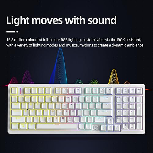 IROK FE98Pro Simsiz RGB Issiq almashtiriladigan Mexanik Klaviatura, Uch Qatlamli Yumshatish 98 Tugmali O'yin Klaviaturasi, Sozlanadigan Orqa Yoritish, USB-C/2.4GHz/Bluetooth - Oq/Qizil - 6