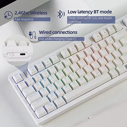 IROK FE98Pro Simsiz RGB Issiq almashtiriladigan Mexanik Klaviatura, Uch Qatlamli Yumshatish 98 Tugmali O'yin Klaviaturasi, Sozlanadigan Orqa Yoritish, USB-C/2.4GHz/Bluetooth - Oq/Qizil - MODAZONE (1)