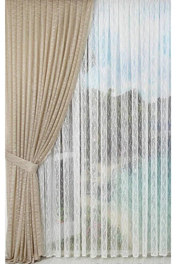 Ironless Honeycomb Patterned Baklava Slice Design Living Room Kitchen Balcony Curtain 1x2.5 Medium Pleated Voile Curtain - 2