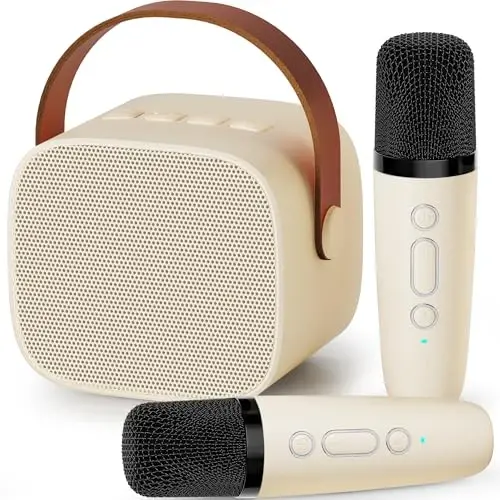 IROO Mini Karaoke Machine for Kids, 2025 Top Christmas Birthday Gifts for 4, 5, 6, 7, 8, 9, 10, 12+Years Old Girls Boys Grandkids, Party Portable Bluetooth Speaker with 2 Wireless Microphones (Beige) - IROO