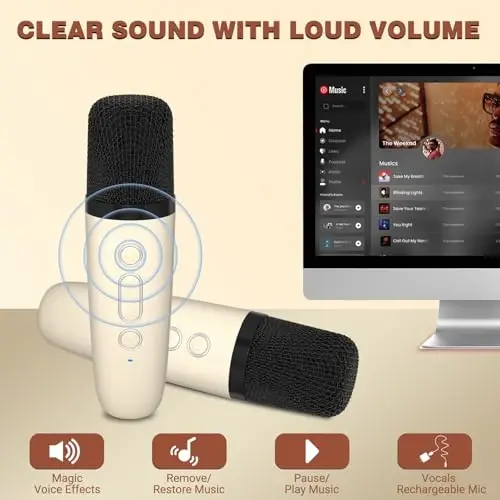 IROO Karaoke Machine for Kids,Most Popular Birthday Gifts for 3, 4, 5, 6, 7, 8, 9, 10,11,12 +Year Old Girls Boys,Mini Karaoke Machine with 2 Wireless Microphones,Portable Bluetooth Home Party (Beige) - 5